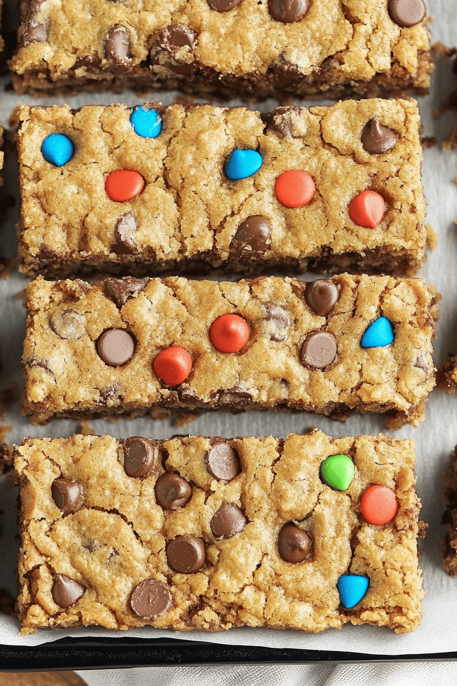 No-Flour Monster Cookie Bars slice on plate showing perfect texture and swirl pattern