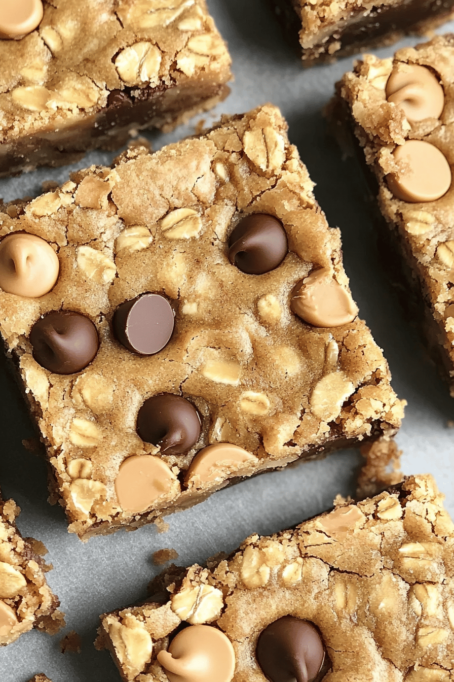 Oatmeal Chocolate Chip Peanut Butter Bars ingredients organized and measured on kitchen counter