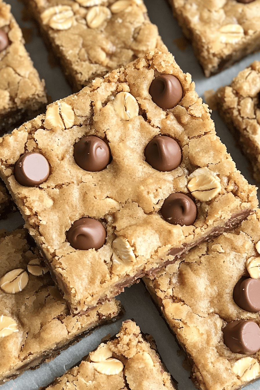 Oatmeal Chocolate Chip Peanut Butter Bars slice on plate showing perfect texture and swirl pattern