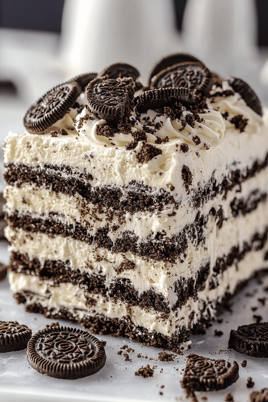 Oreo Icebox Cake final dish beautifully presented and ready to serve
