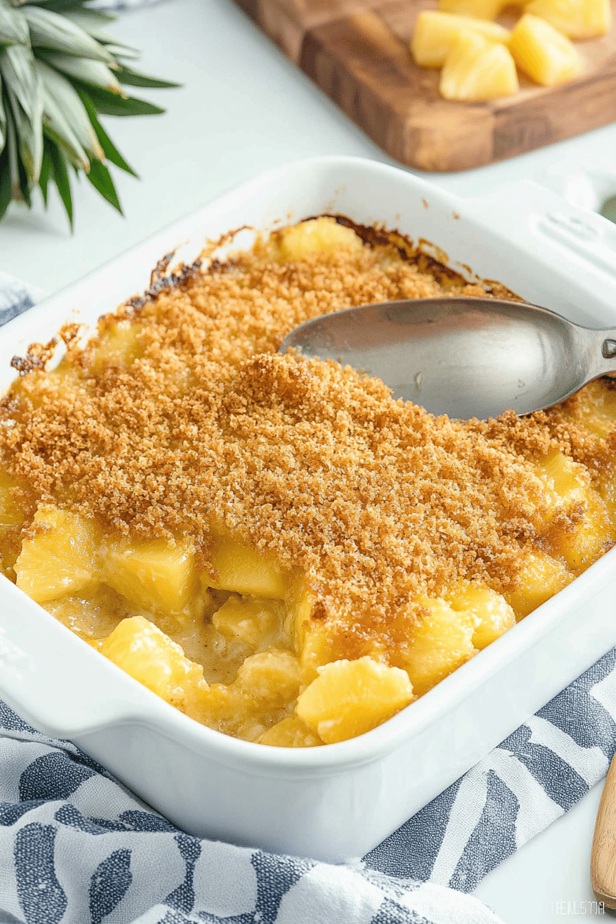 Paula Deen's Pineapple Casserole slice on plate showing perfect texture and swirl pattern