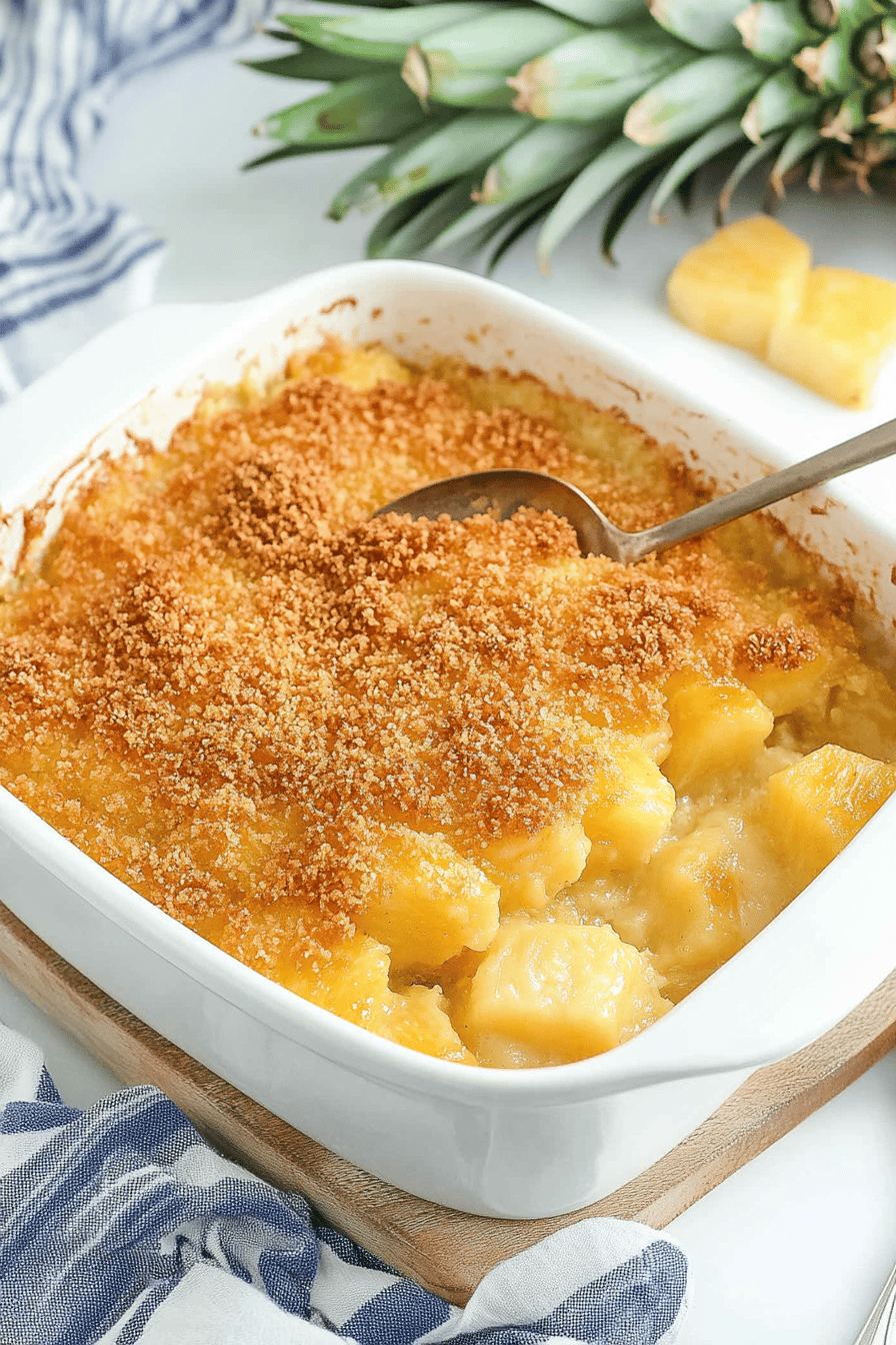 Paula Deen's Pineapple Casserole final dish beautifully presented and ready to serve