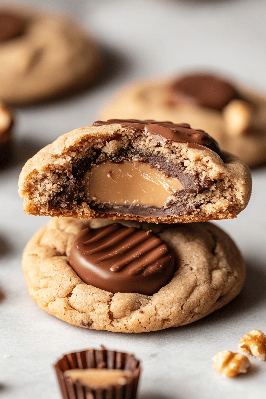 Peanut Butter Cup Cookies slice on plate showing perfect texture and swirl pattern