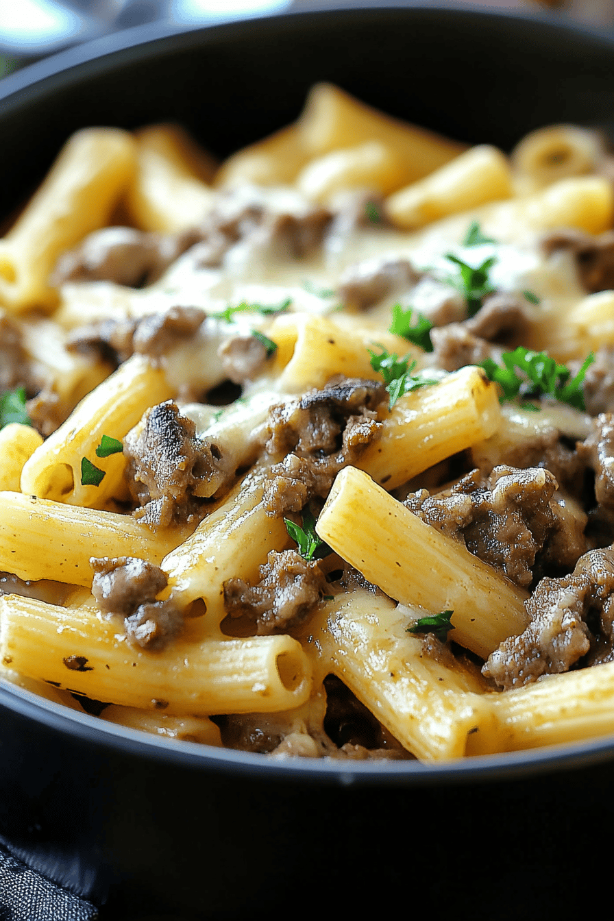 Philly Cheesesteak Pasta ingredients organized and measured on kitchen counter