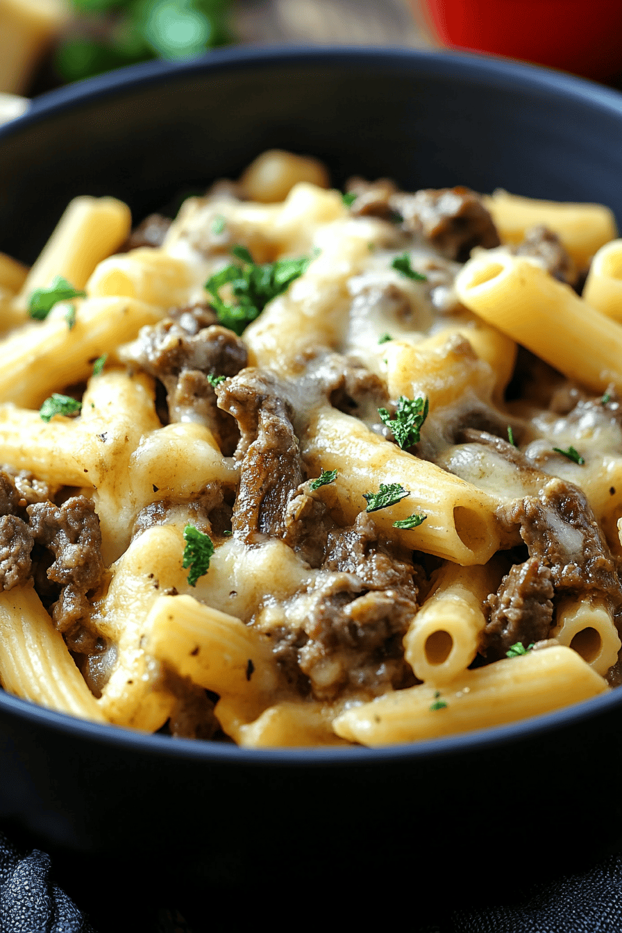 Philly Cheesesteak Pasta slice on plate showing perfect texture and swirl pattern