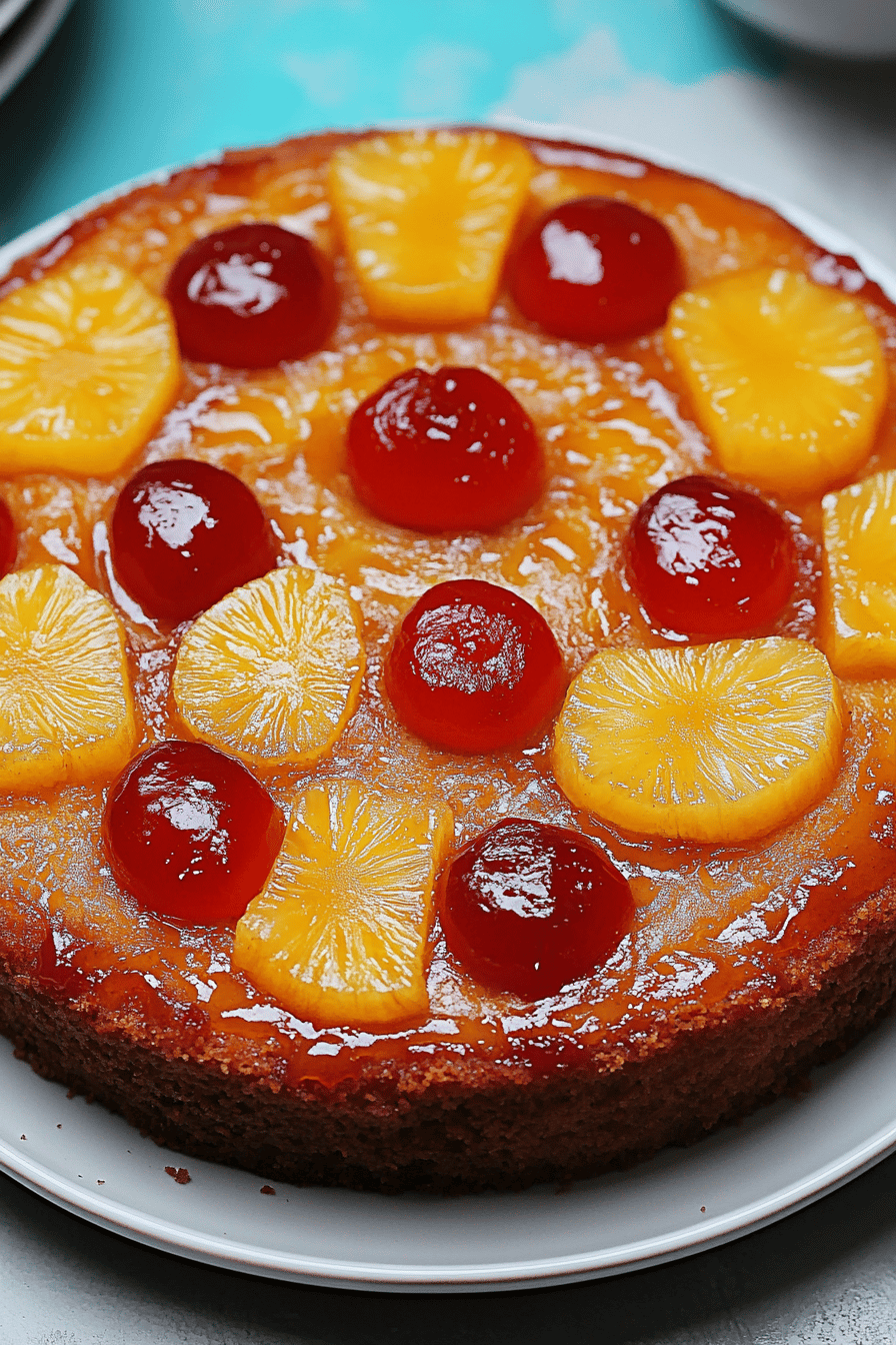 Pineapple Upside-Down Cake Recipe slice on plate showing perfect texture and swirl pattern