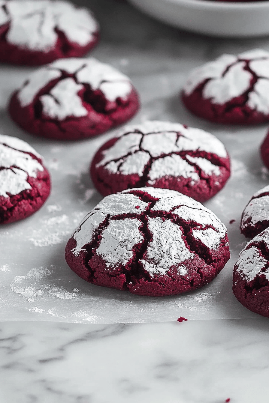Red Velvet Crinkle Cookie Recipe slice on plate showing perfect texture and swirl pattern