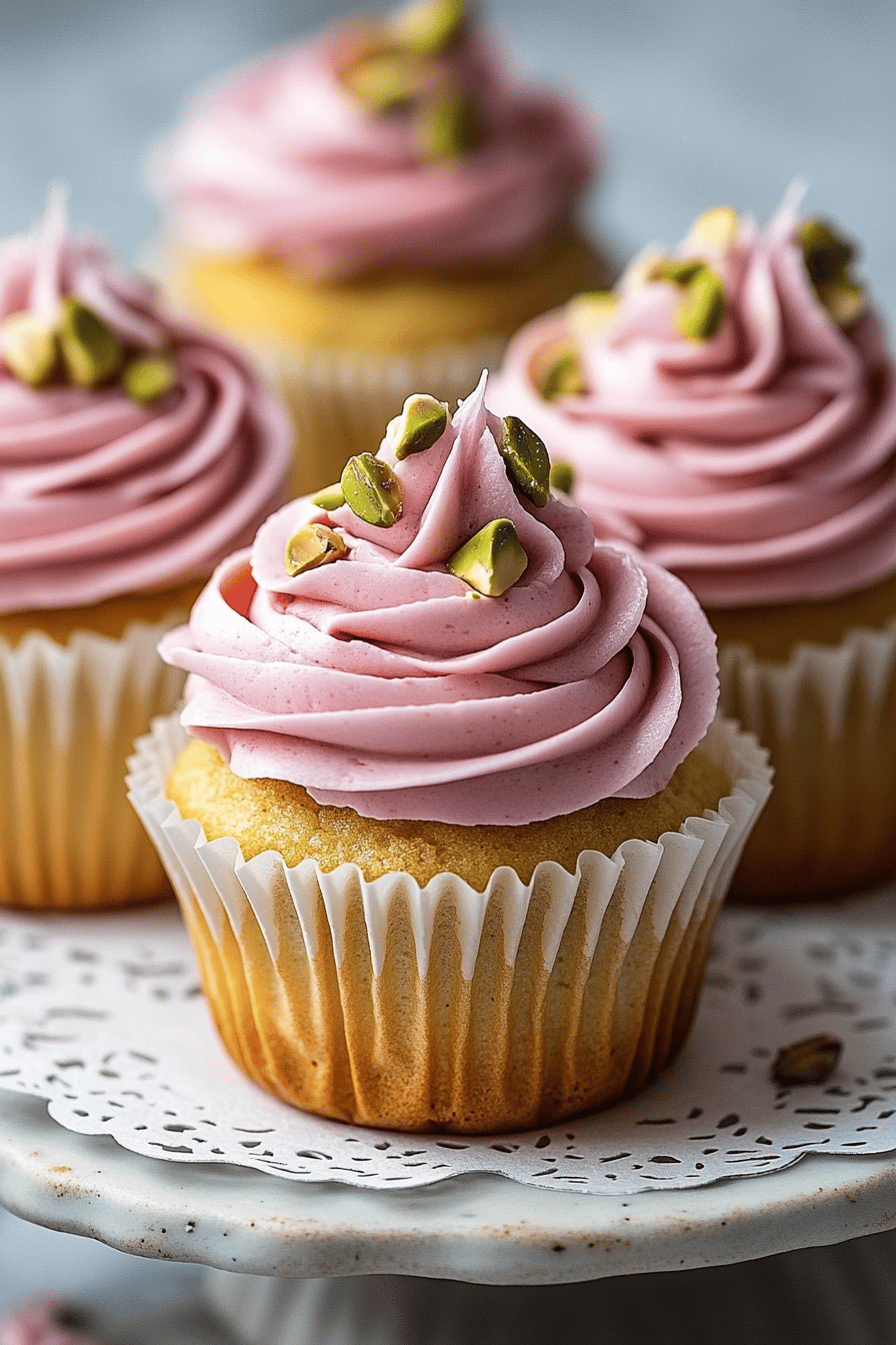 Rose Pistachio Cupcakes slice on plate showing perfect texture and swirl pattern