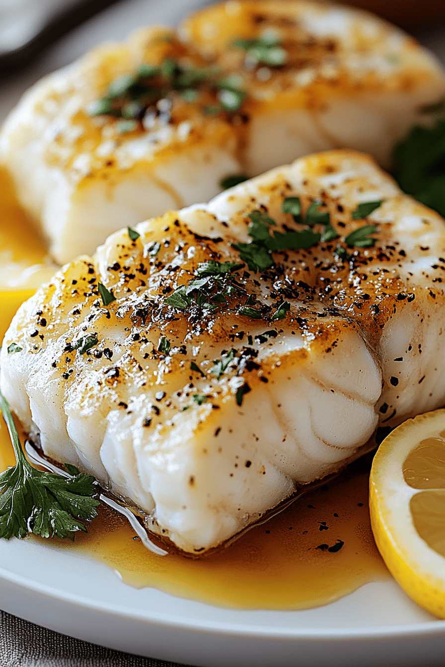 Seared Cod Recipe slice on plate showing perfect texture and swirl pattern