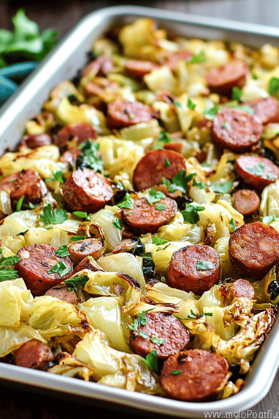 Sheet Pan Cabbage and Kielbasa ingredients organized and measured on kitchen counter