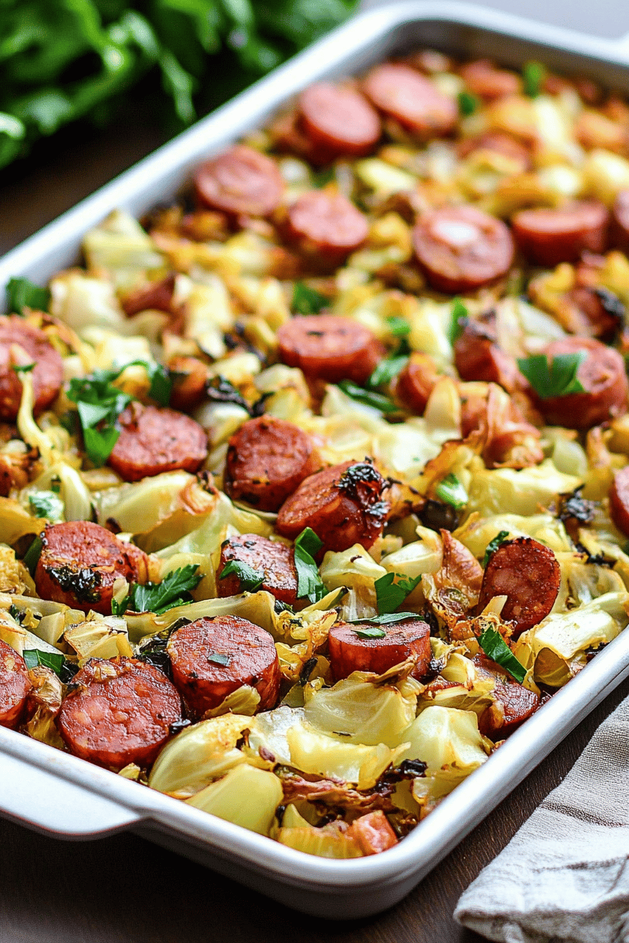 Sheet Pan Cabbage and Kielbasa slice on plate showing perfect texture and swirl pattern