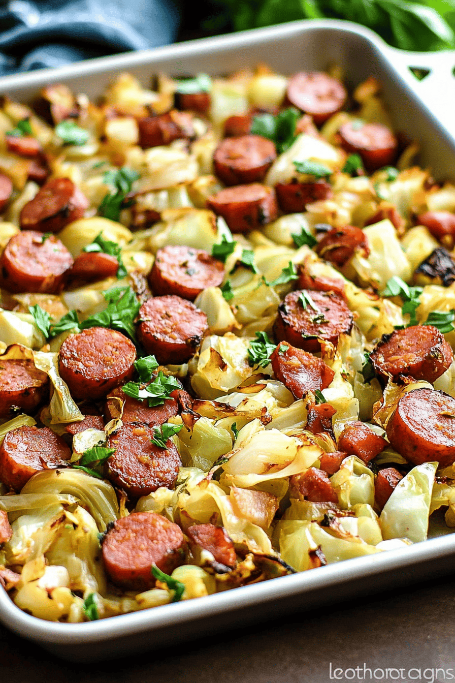 Sheet Pan Cabbage and Kielbasa final dish beautifully presented and ready to serve