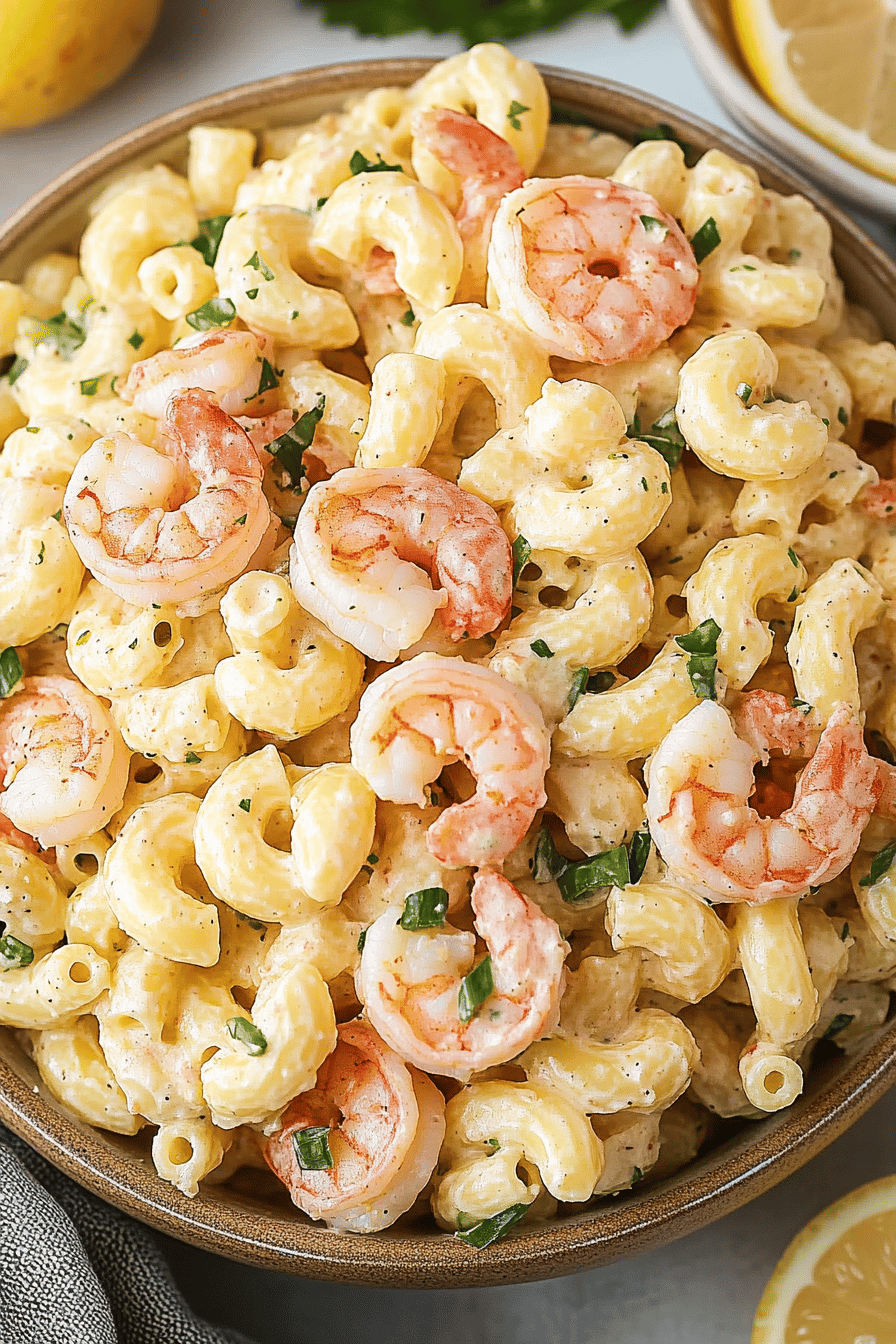 Shrimp Macaroni Salad slice on plate showing perfect texture and swirl pattern