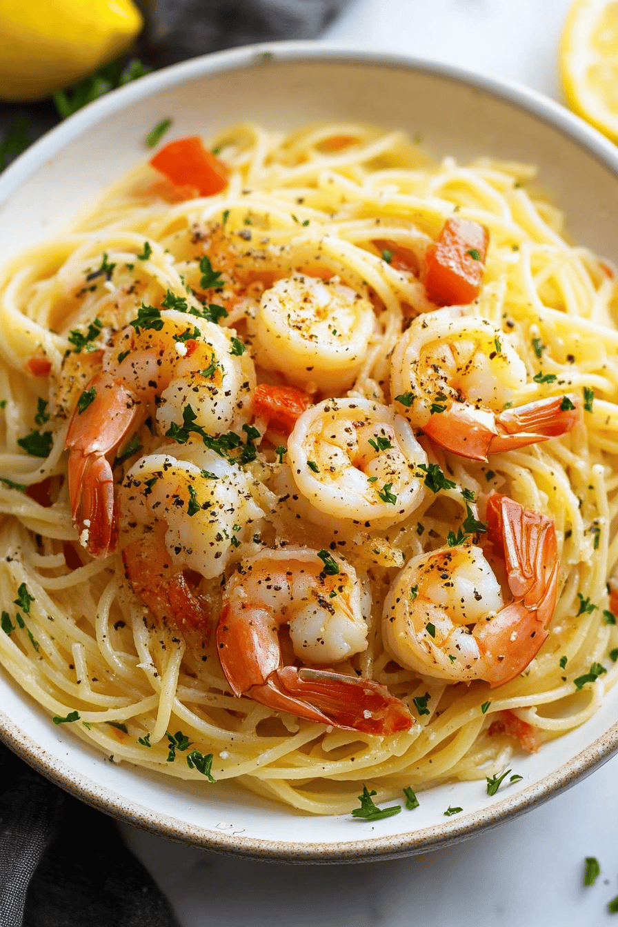 Shrimp Scampi Pasta ingredients organized and measured on kitchen counter