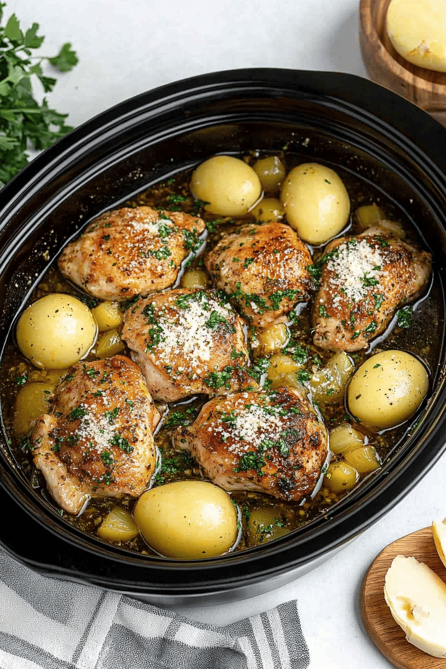 Slow Cooker Garlic Parmesan Chicken ingredients organized and measured on kitchen counter