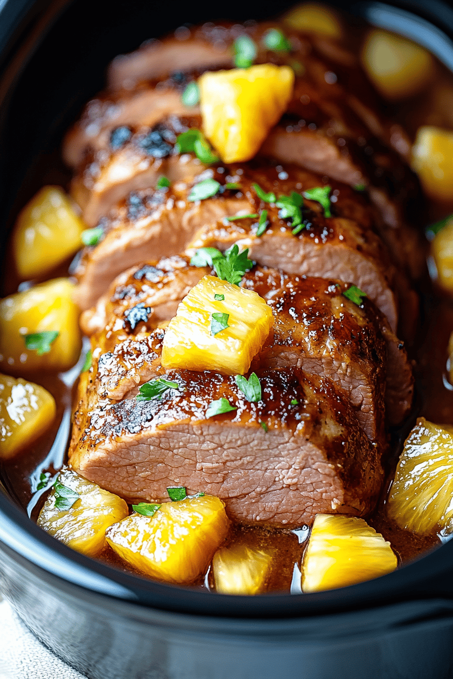 Slow Cooker Pineapple Pork Loin slice on plate showing perfect texture and swirl pattern