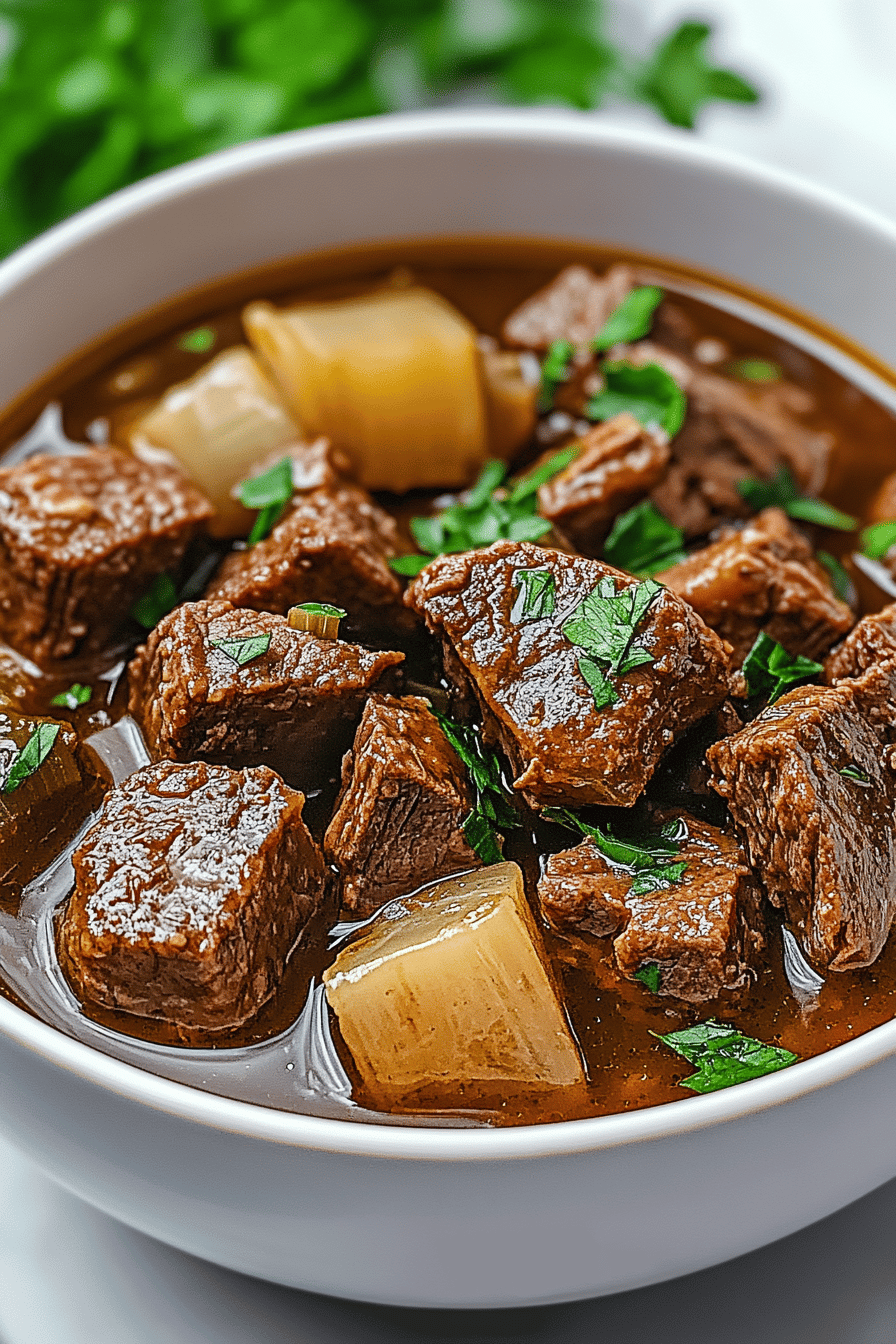 Slow Cooker Steak Soup slice on plate showing perfect texture and swirl pattern