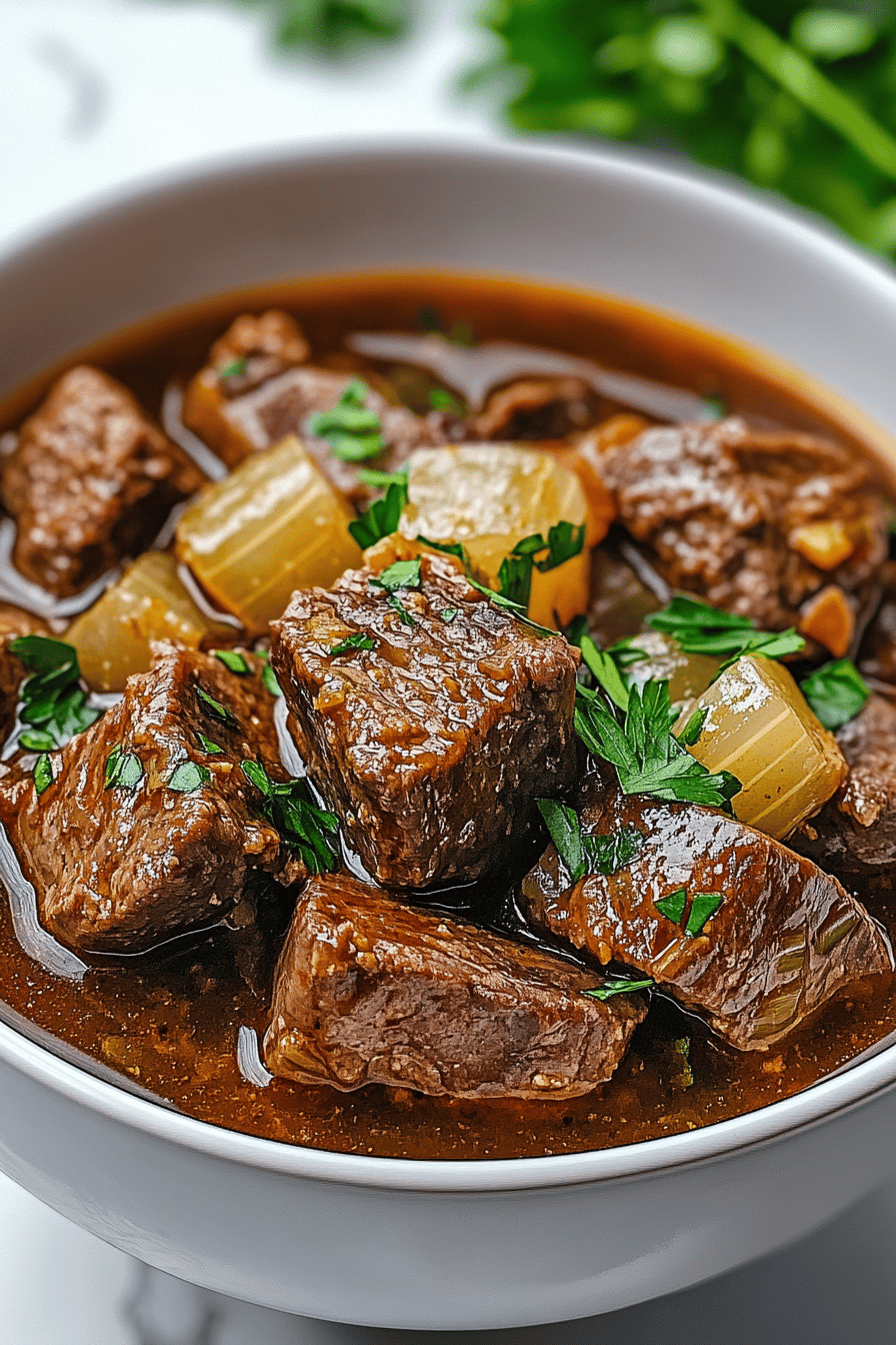 Slow Cooker Steak Soup final dish beautifully presented and ready to serve