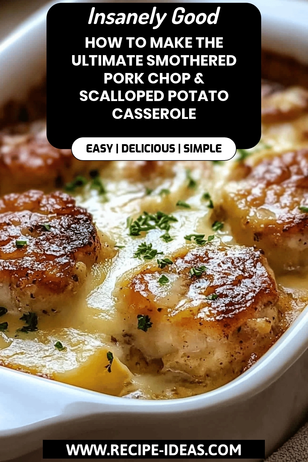 Smothered Pork Chop Casserole final dish beautifully presented and ready to serve