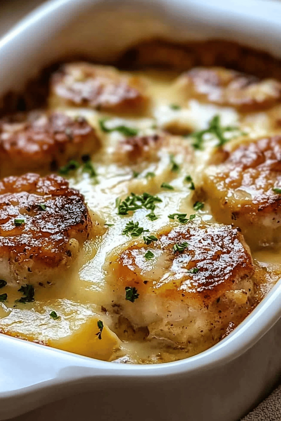 Smothered Pork Chop Casserole slice on plate showing perfect texture and swirl pattern