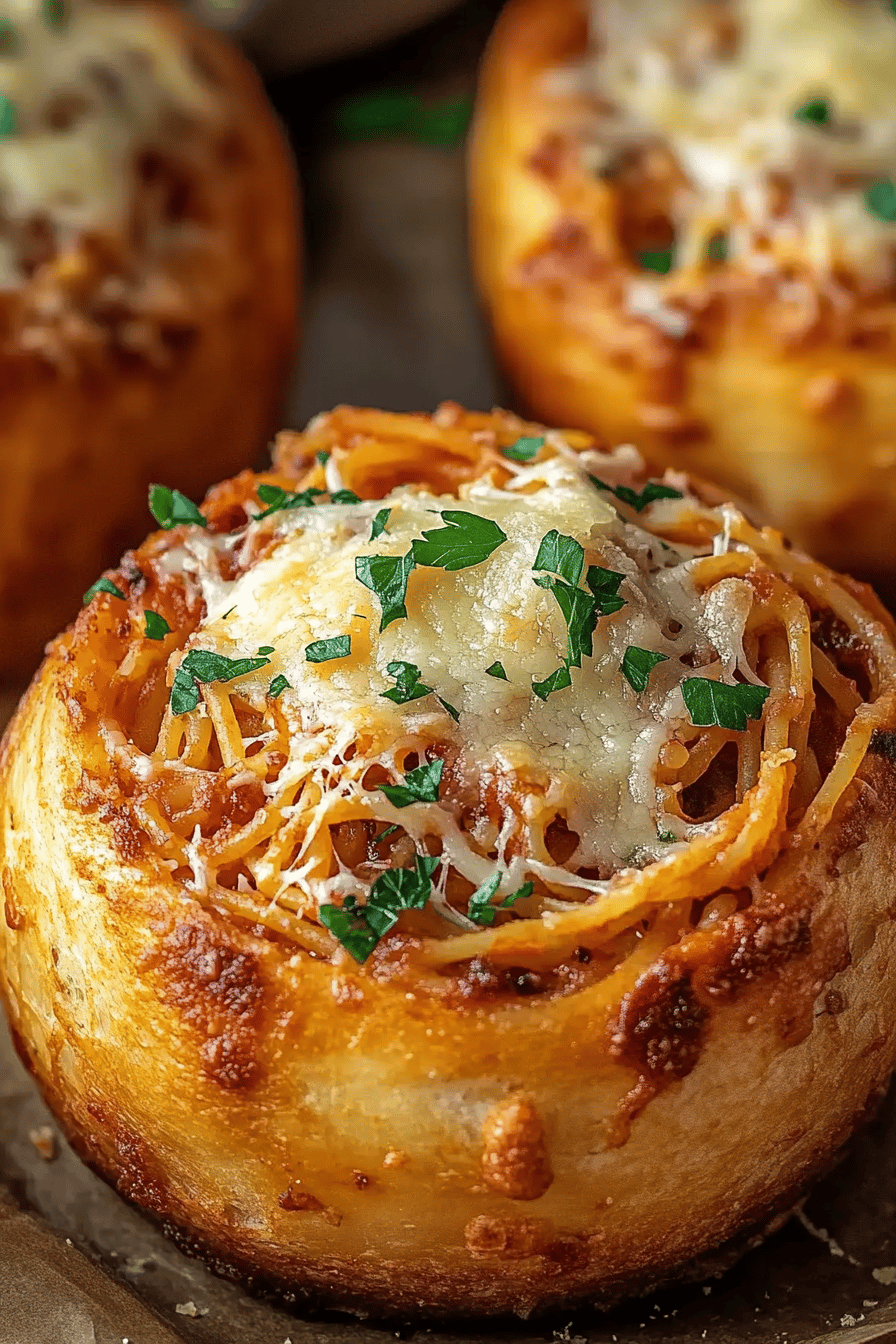 Spaghetti Garlic Bread Bowls slice on plate showing perfect texture and swirl pattern