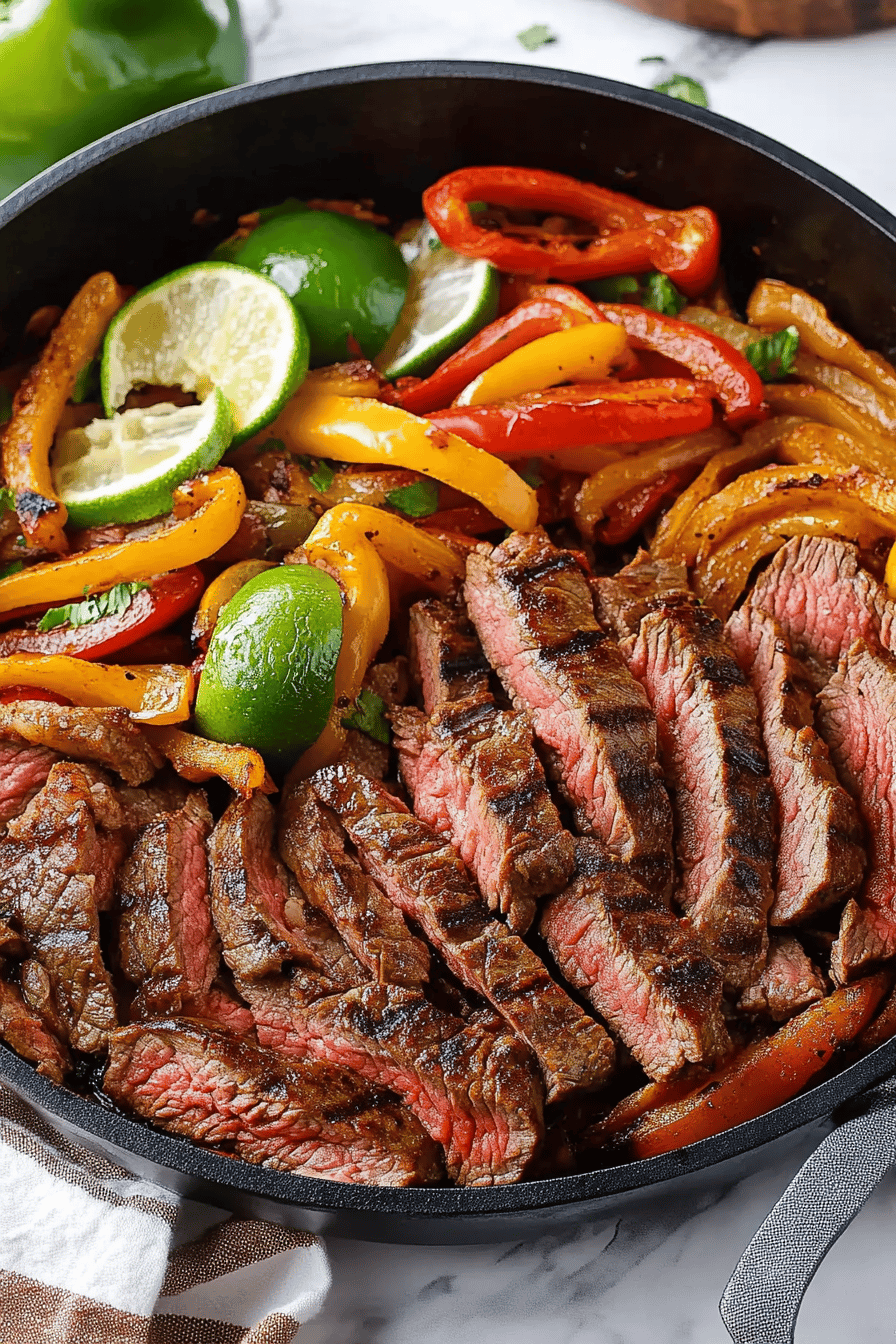 Steak Fajitas Recipe slice on plate showing perfect texture and swirl pattern
