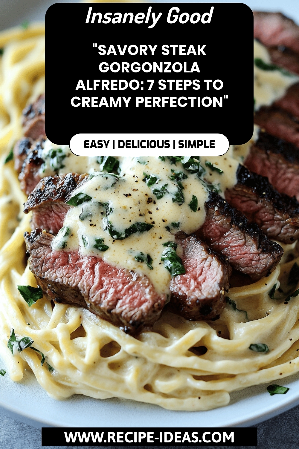 Steak Gorgonzola Alfredo final dish beautifully presented and ready to serve