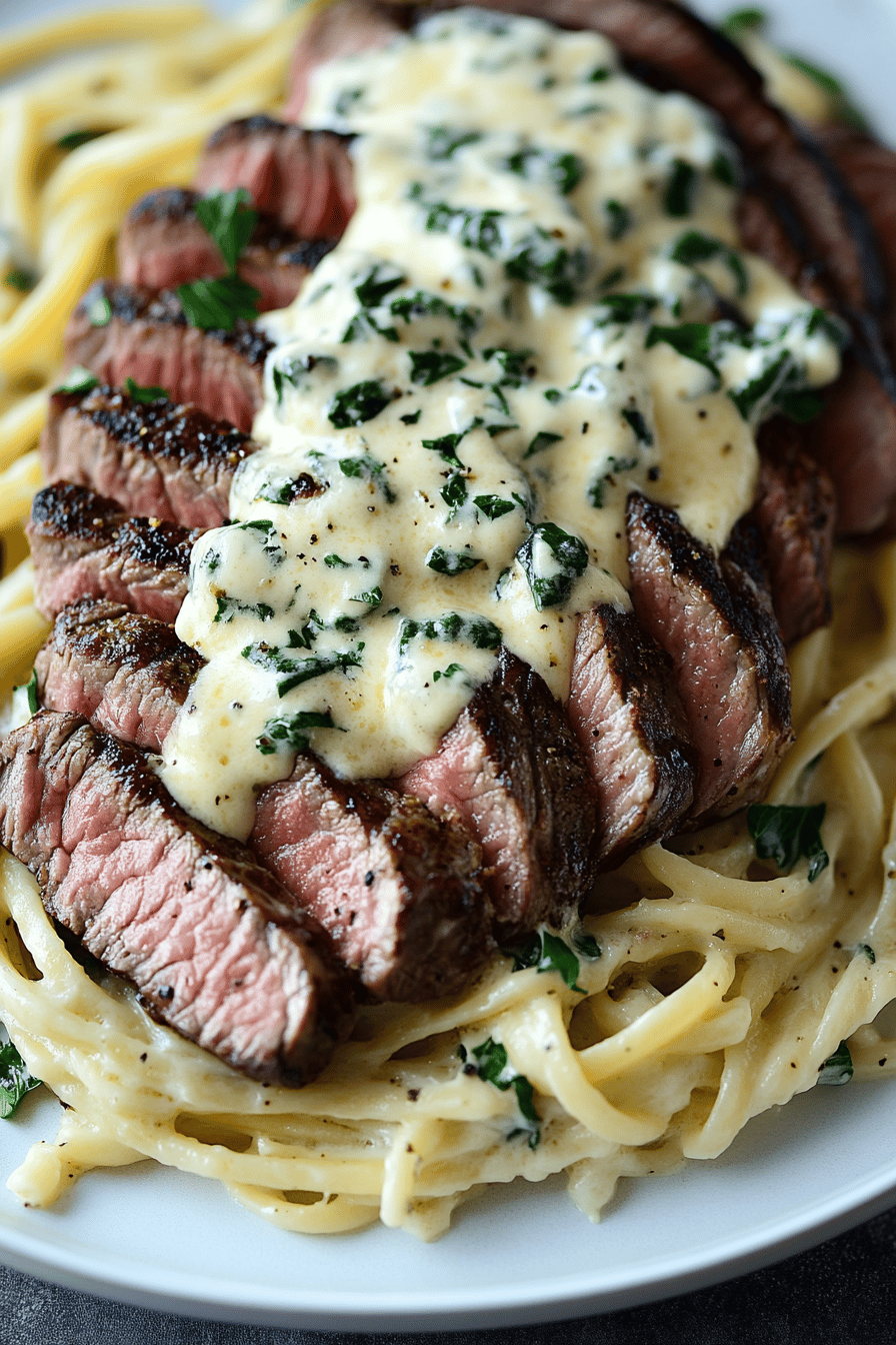Steak Gorgonzola Alfredo ingredients organized and measured on kitchen counter