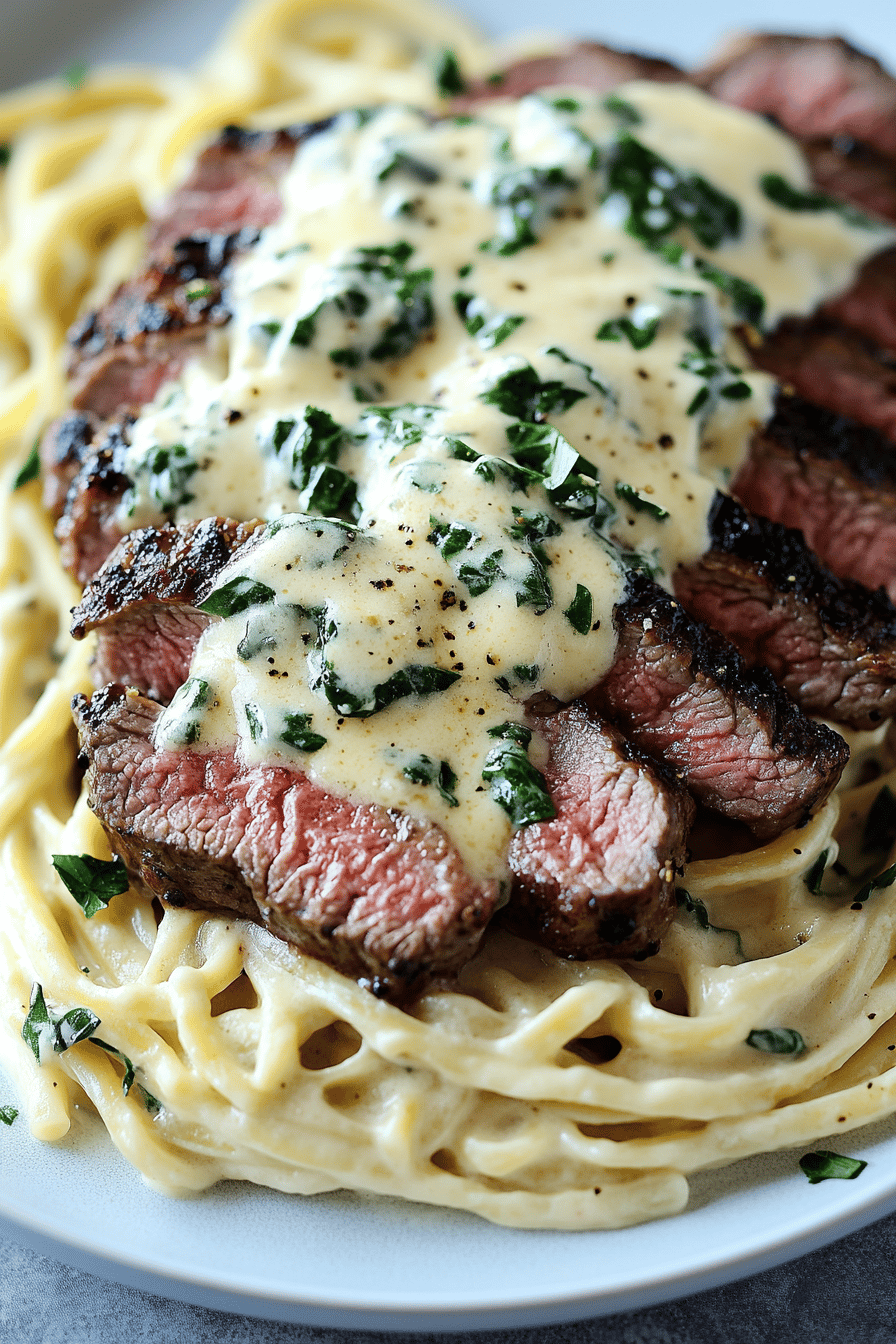 Steak Gorgonzola Alfredo slice on plate showing perfect texture and swirl pattern