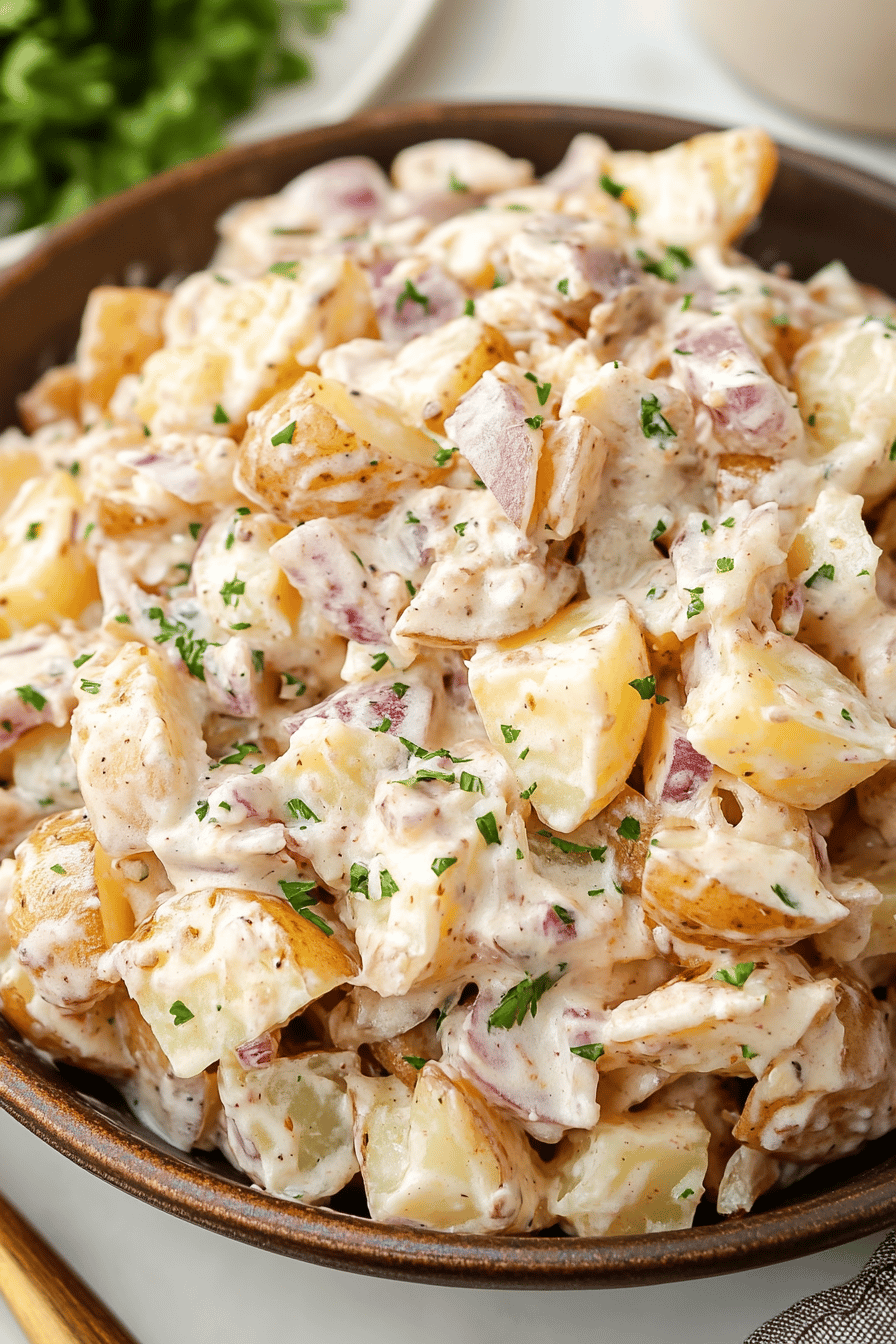Steakhouse Potato Salad Recipe slice on plate showing perfect texture and swirl pattern