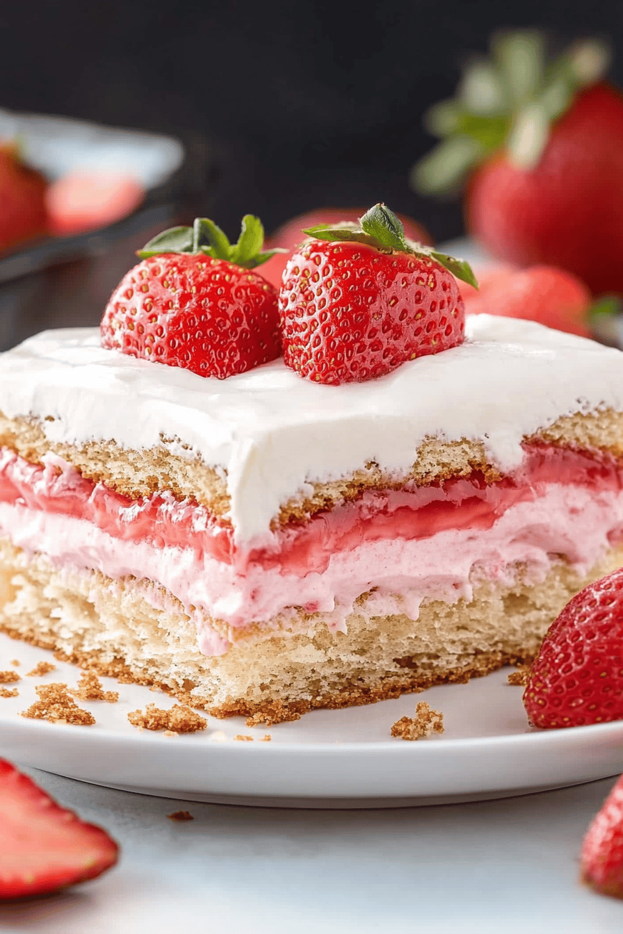Strawberry Éclair Cake slice on plate showing perfect texture and swirl pattern