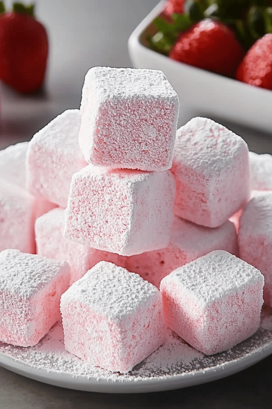 Strawberry Marshmallows slice on plate showing perfect texture and swirl pattern