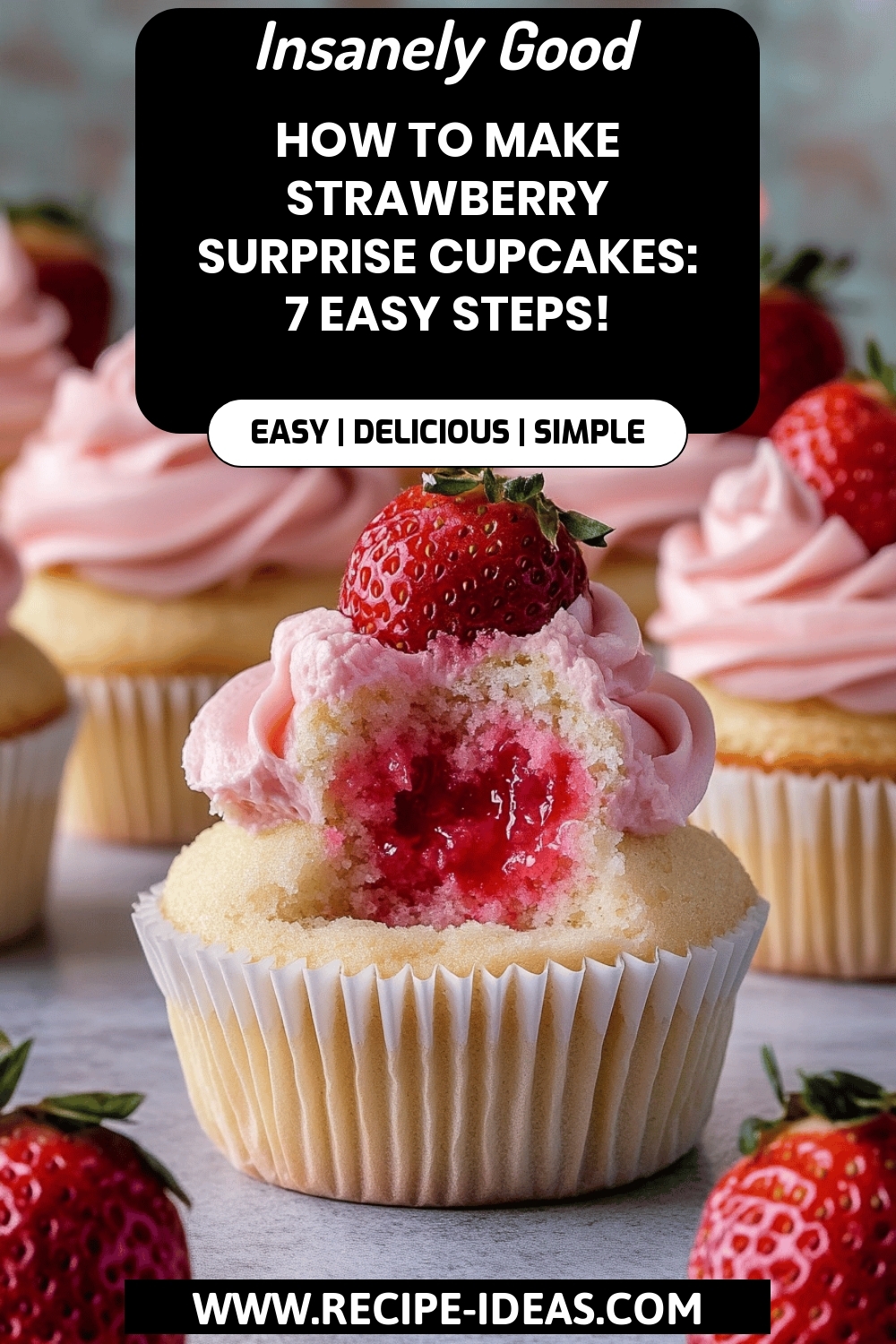 Strawberry Surprise Cupcakes final dish beautifully presented and ready to serve