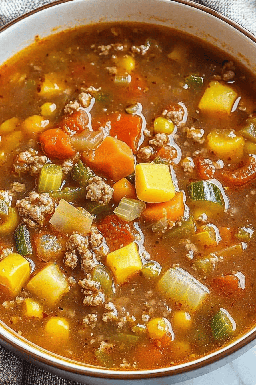 Tomato Hamburger Vegetable Soup ingredients organized and measured on kitchen counter