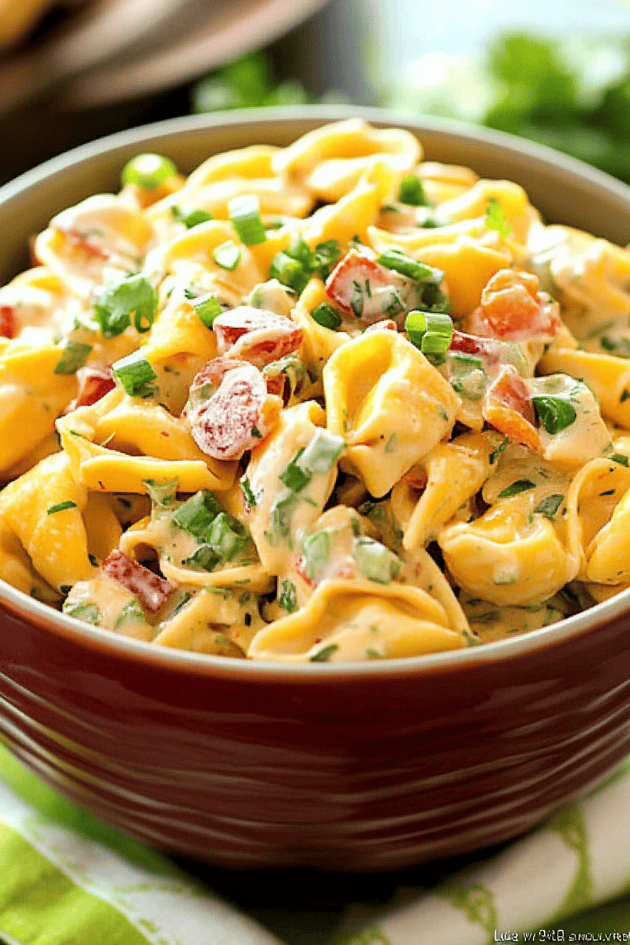 Tortellini Salad Recipe slice on plate showing perfect texture and swirl pattern