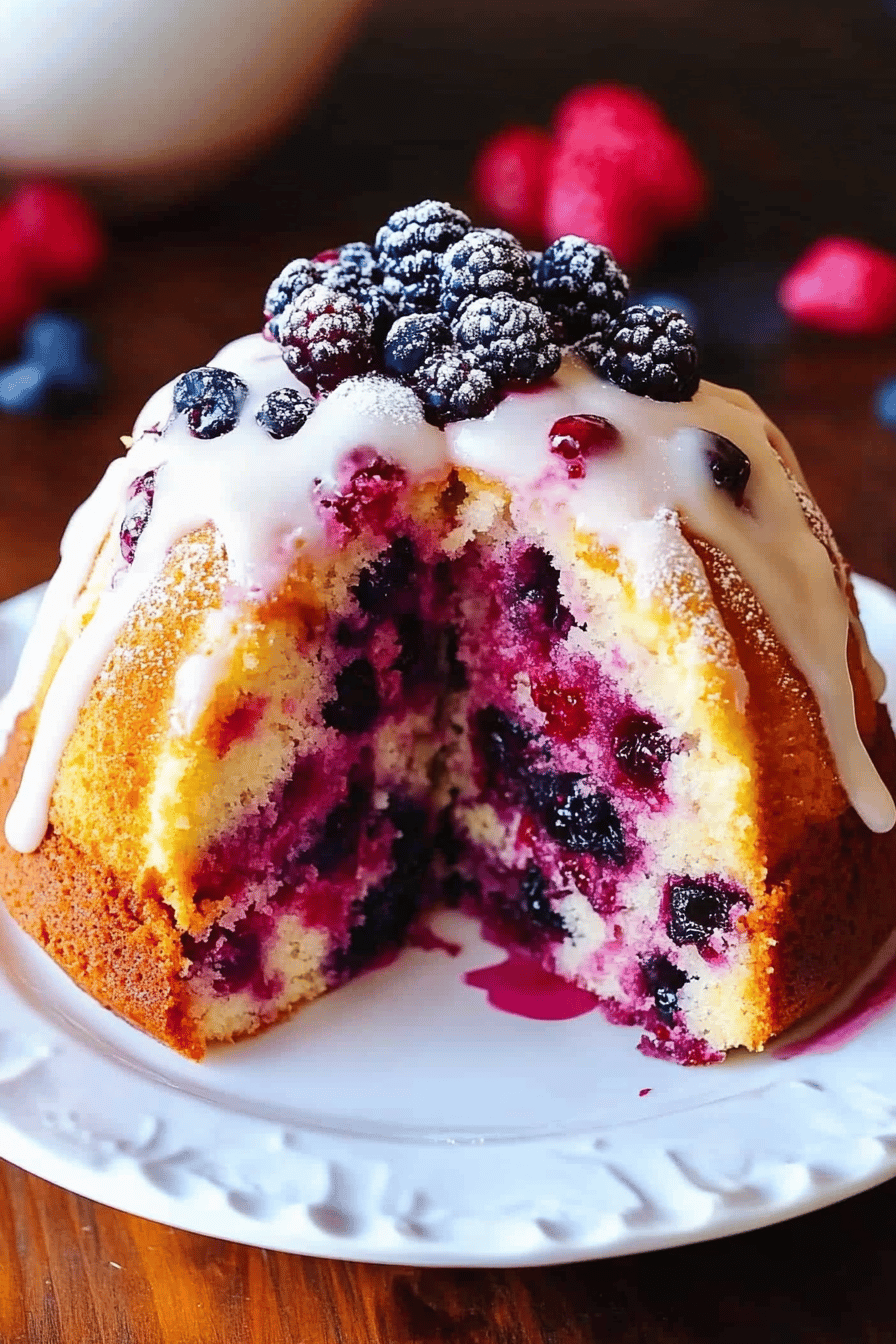 Triple Berry Bundt Cake slice on plate showing perfect texture and swirl pattern