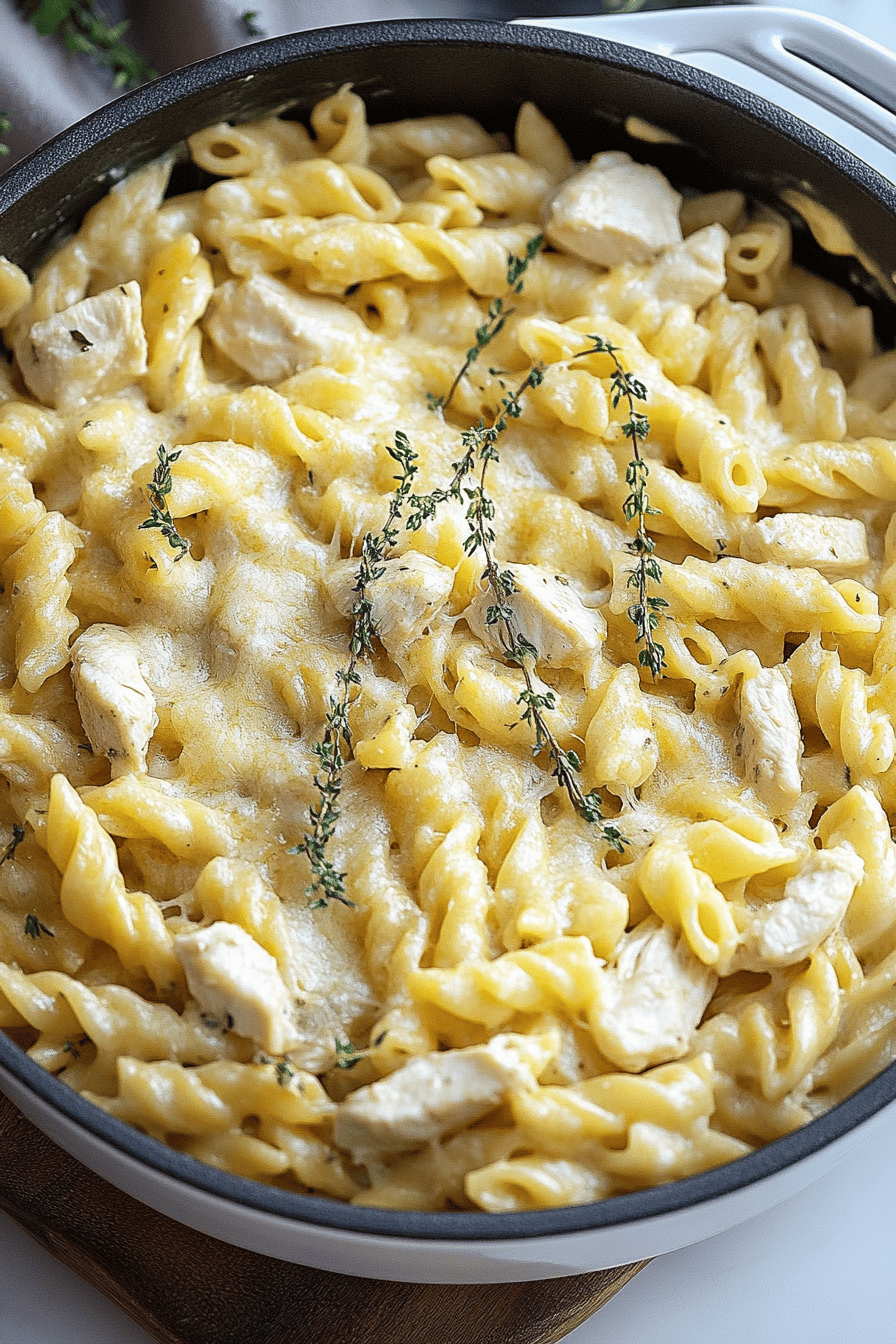 White Cheddar Chicken Pasta final dish beautifully presented and ready to serve