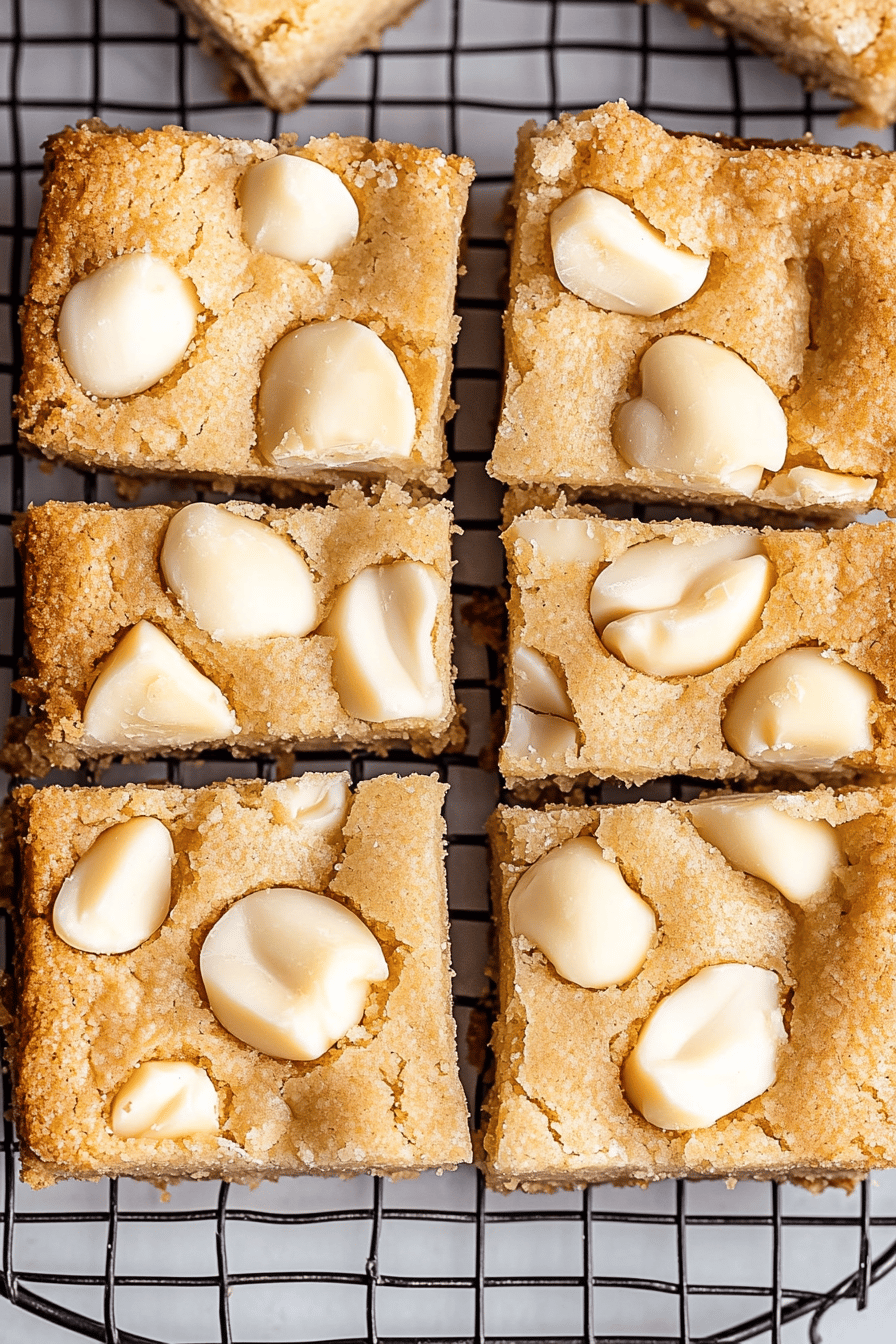 White Chocolate Macadamia Cookie Bars slice on plate showing perfect texture and swirl pattern
