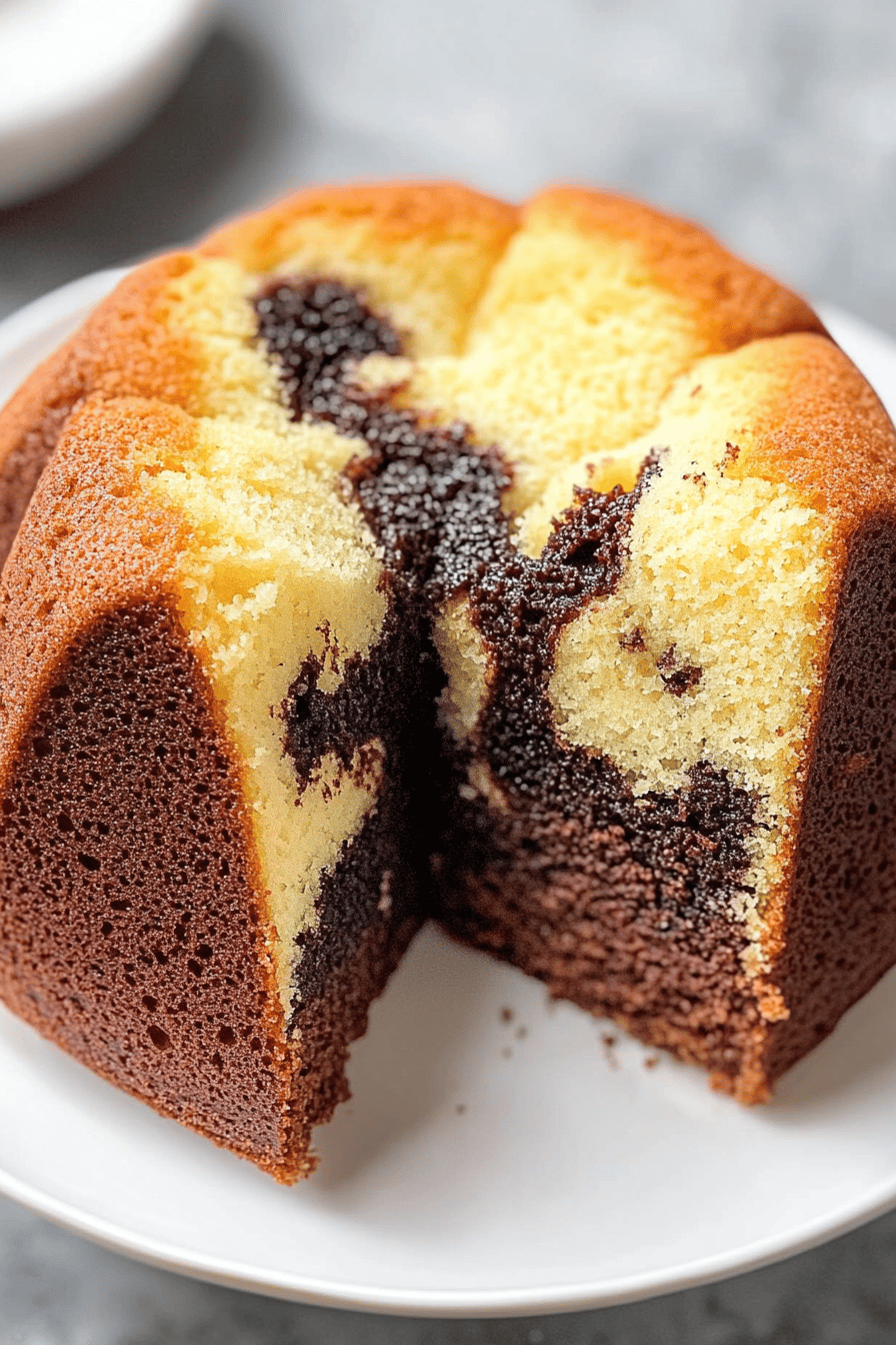 gluten-free bundt cake slice on plate showing perfect texture and swirl pattern