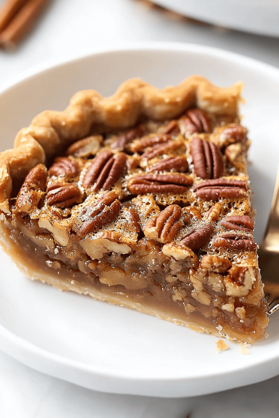 gluten-free pecan pie slice on plate showing perfect texture and swirl pattern