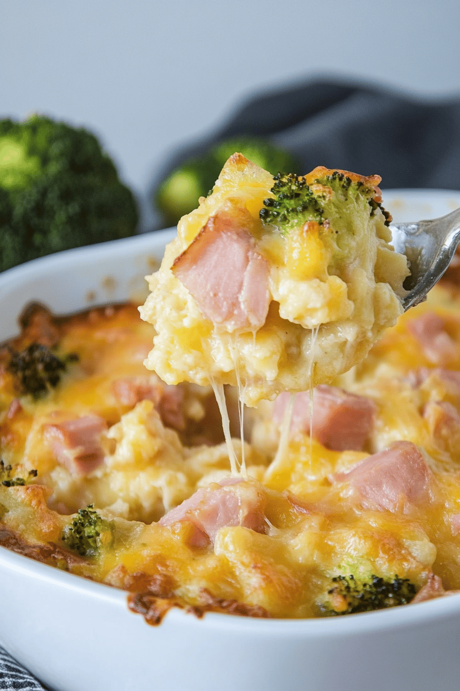 leftover ham casserole slice on plate showing perfect texture and swirl pattern