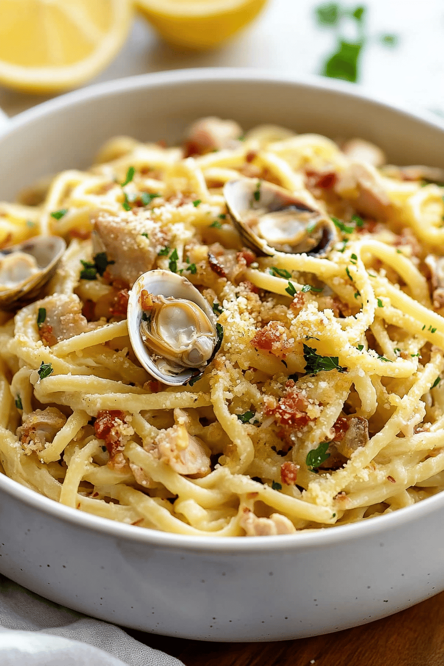 linguine with clams ingredients organized and measured on kitchen counter