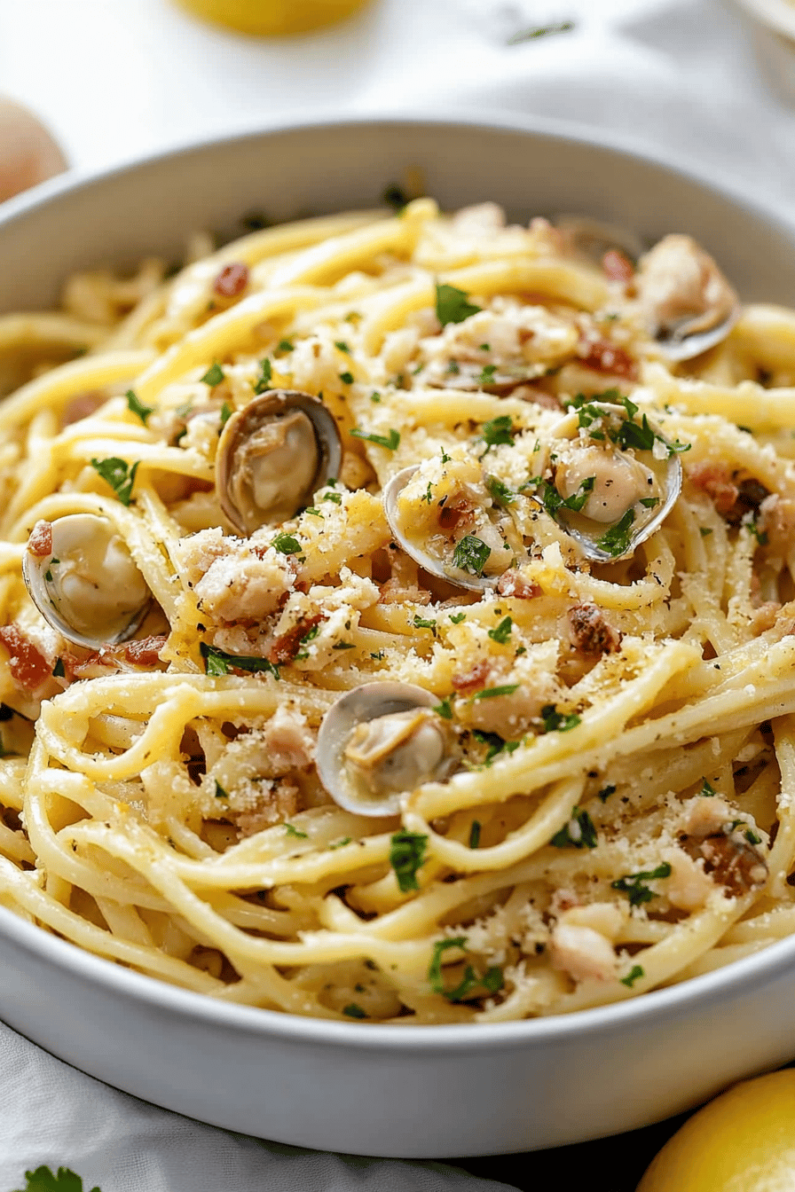 linguine with clams slice on plate showing perfect texture and swirl pattern