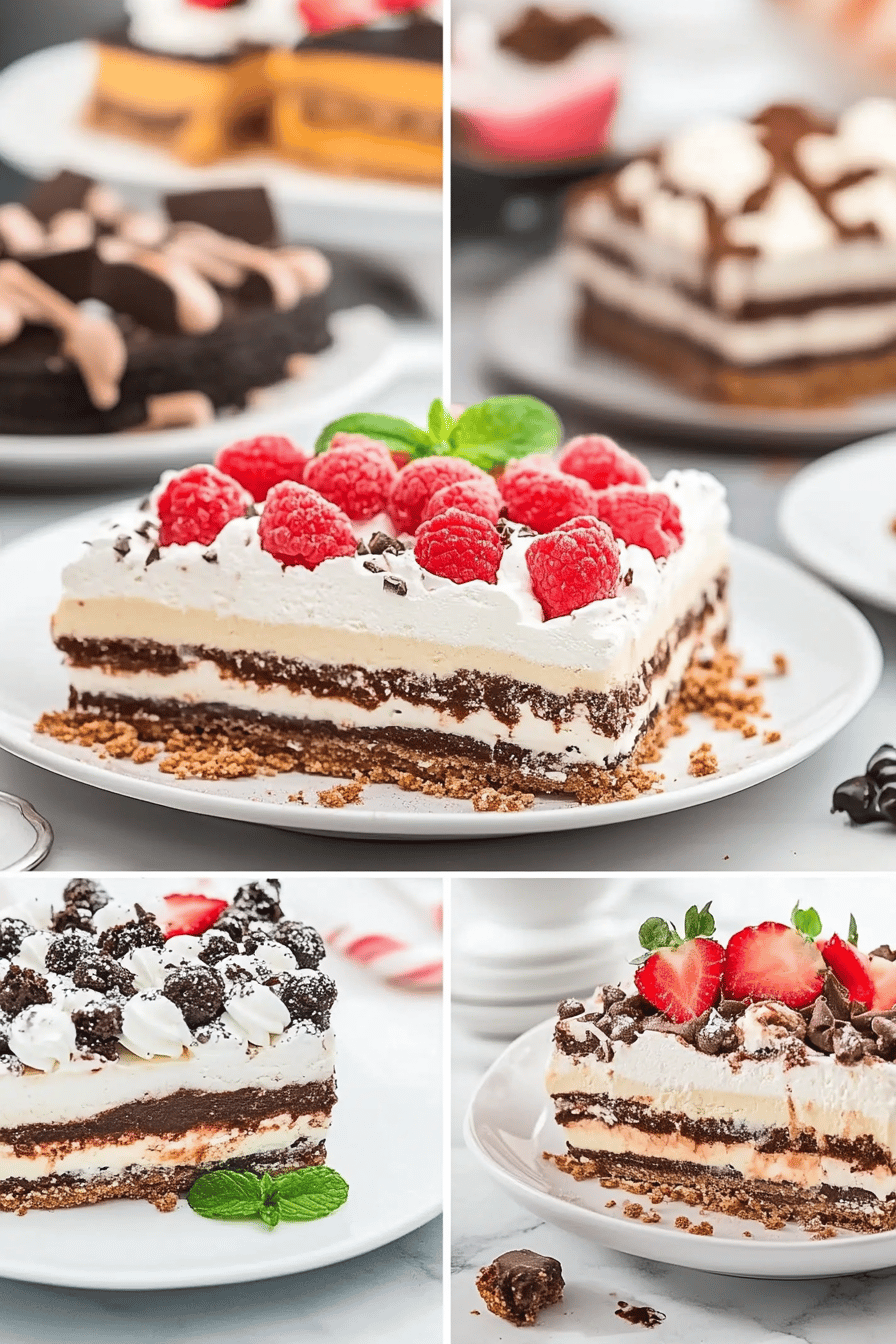 no-bake dessert lasagna slice on plate showing perfect texture and swirl pattern