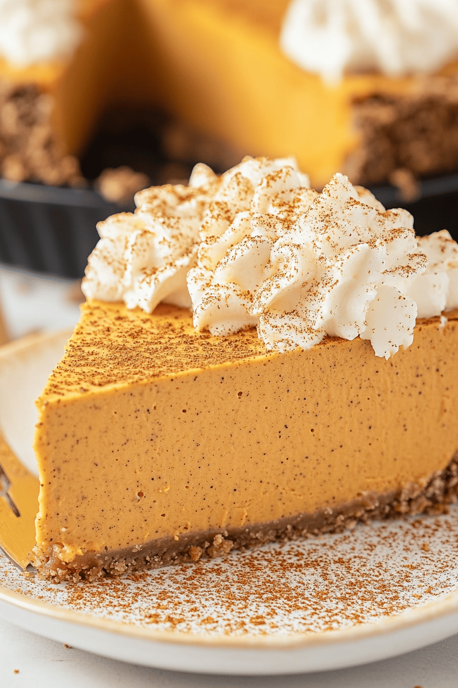 no-bake pumpkin pie slice on plate showing perfect texture and swirl pattern
