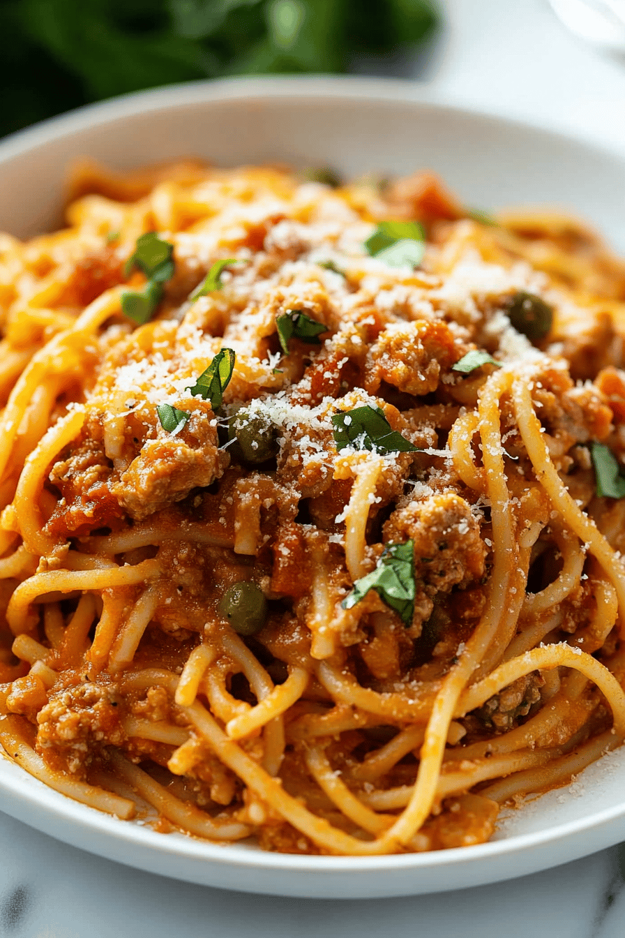 one-pot spaghetti ingredients organized and measured on kitchen counter