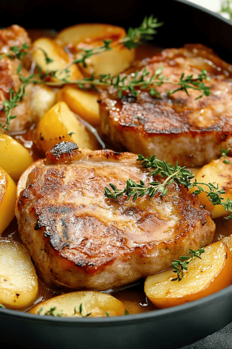 pork chops with apples slice on plate showing perfect texture and swirl pattern