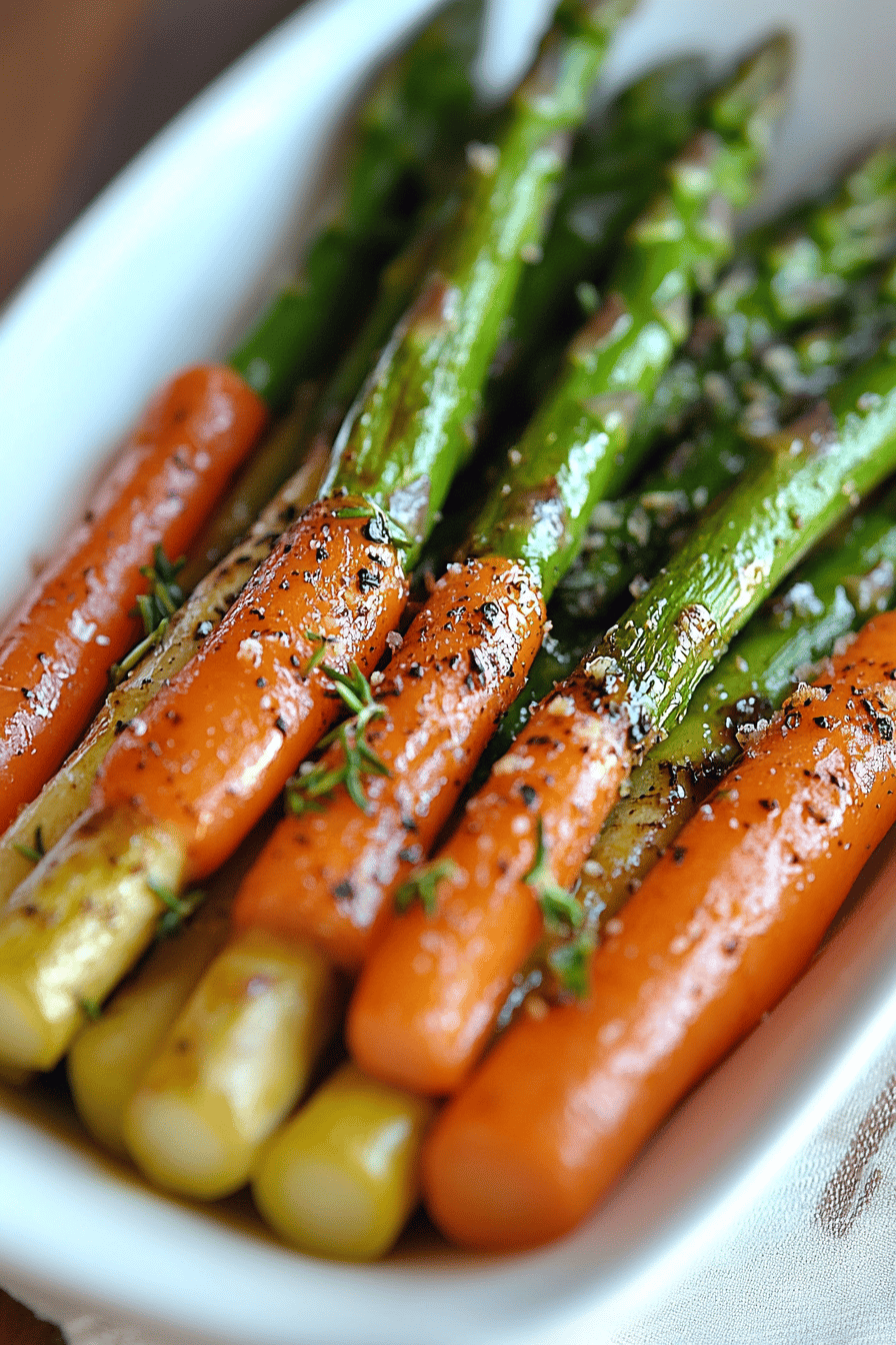 roasted asparagus and carrots slice on plate showing perfect texture and swirl pattern