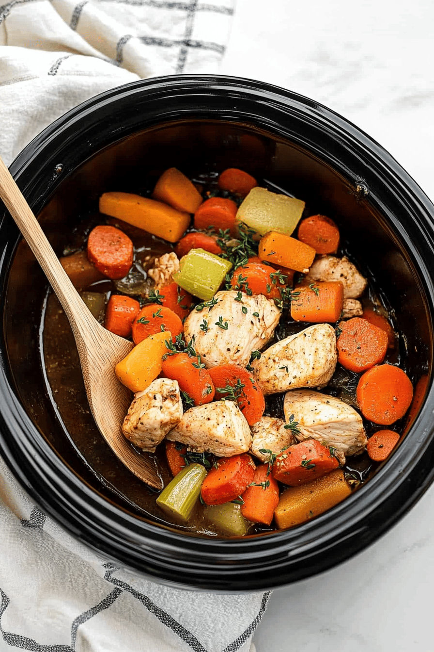 slow cooker chicken vegetables ingredients organized and measured on kitchen counter