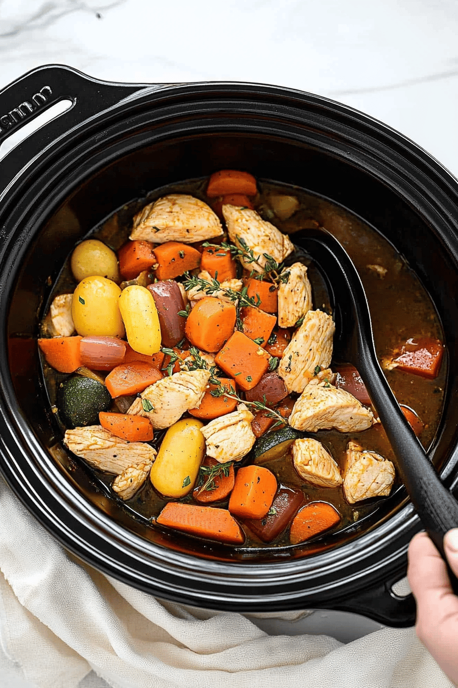 slow cooker chicken vegetables slice on plate showing perfect texture and swirl pattern